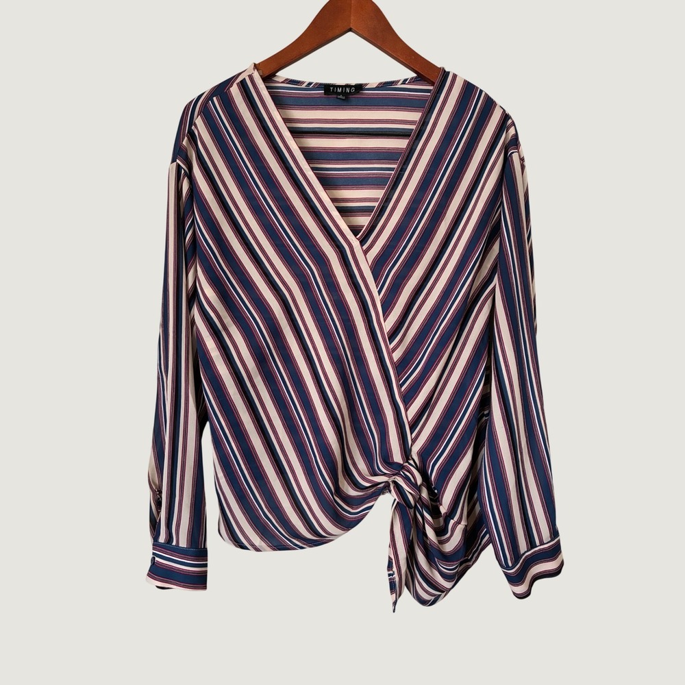 Timing Womens Navy Burgundy Striped Long Sleeve Faux Wrap Tie Front Blouse Large